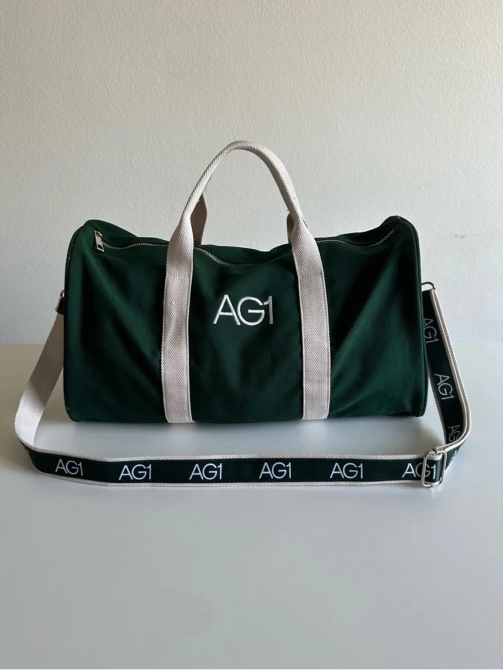 AG1 Forest Green Canvas Duffel with White Straps